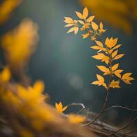 ai gegenereerd herfst achtergrond met geel bladeren en wazig bokeh achtergrond. generatief ai foto