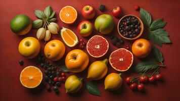 ai gegenereerd fruit en bessen Aan een rood achtergrond. visie van bovenstaande. generatief ai foto