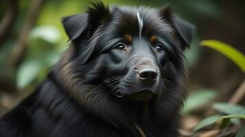 ai gegenereerd portret van een zwart hond Aan een groen achtergrond in de tuin. generatief ai foto