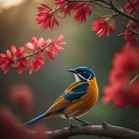 ai gegenereerd kleurrijk vogel Aan een Afdeling met rood bloemen in de achtergrond. generatief ai foto