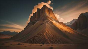 ai gegenereerd fantasie landschap met een Mens staand in de midden- van de woestijn. generatief ai foto