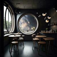 ai gegenereerd interieur van een modern bar met zwart muren, beton vloer, ronde houten tafels en ronde stoelen. generatief ai foto