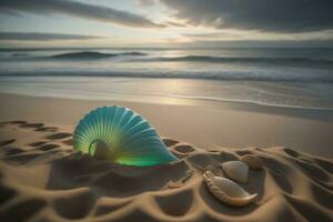 ai gegenereerd schelpen in de zand Aan een strand Bij zonsondergang. generatief ai foto