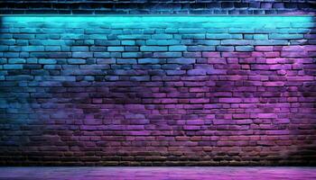 ai gegenereerd modern futuristische neon lichten Aan oud grunge steen muur kamer achtergrond. 3d renderen foto