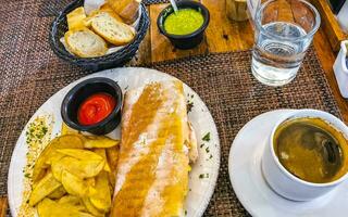 baguette belegd broodje geroosterd brood brood met kip tomaat salade aardappelen Patat. foto