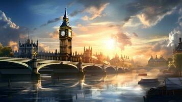 ai gegenereerd groot ben en Westminster brug in Londen Bij zonsondergang, Verenigde koninkrijk foto