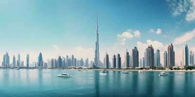 ai gegenereerd panorama van Dubai jachthaven met wolkenkrabbers en blauw lucht, Verenigde Arabisch emiraten foto