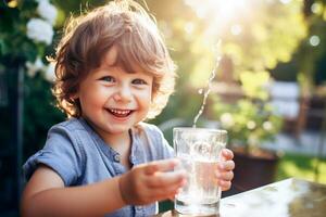 ai gegenereerd een knap glimlachen jongen drankjes water van een glas terwijl zittend Bij een tafel in natuur in de dorp foto