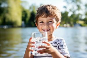 ai gegenereerd schattig kind drankjes water van een glas in natuur tegen de achtergrond van een rivier- in de dorp foto