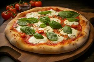 ai gegenereerd vers sappig pizza met Mozzarella kaas, tomaten, en basilicum kruiden Aan een zwart achtergrond foto