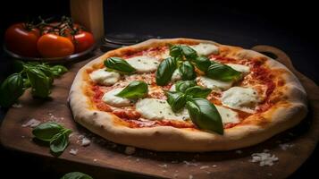 ai gegenereerd vers sappig pizza met Mozzarella kaas, tomaten, en basilicum kruiden Aan een zwart achtergrond foto