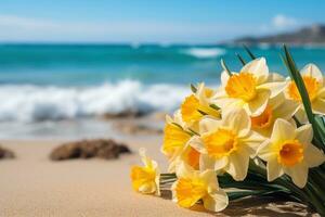 ai gegenereerd bloemen Aan strand foto