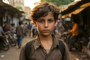 ai gegenereerd portret van tamil jongen Bij bezig Indisch of Pakistan stad straat foto