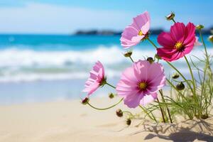 ai gegenereerd bloemen Aan strand foto