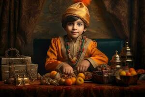 ai gegenereerd een jong jongen gekleed in Koninklijk kleding zit Bij een tafel gevulde met een verscheidenheid van voedsel artikelen. foto
