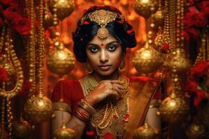 ai gegenereerd mooi Indisch vrouw versierd met traditioneel sieraden en jurk foto
