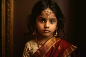 ai gegenereerd cultureel rijkdom - Indisch meisje vervelend traditioneel sieraden en een rood en geel Saree foto