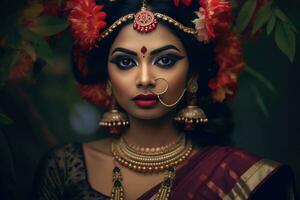 ai gegenereerd een Indisch vrouw versierd met traditioneel sieraden en henna- foto
