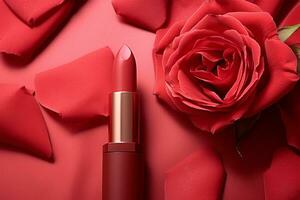 ai gegenereerd rood lippenstift Aan een achtergrond van rood roos bloemblaadjes foto