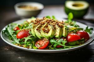 ai gegenereerd gezond ontbijt, omelet frittata met avocado, tomaten en rucola foto