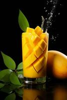 ai gegenereerd vers smakelijk mango sap in een glas Aan een zwart achtergrond foto