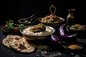 ai gegenereerd Rajasthani keuken presentatie van verschillend gerechten Aan een tafel foto