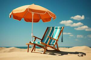 ai gegenereerd zonnig terugtrekken strand stoel en paraplu tegen blauw lucht backdrop foto