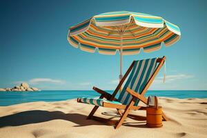 ai gegenereerd zonnig ontspanning strand stoel, paraplu Aan zand, blauw lucht backdrop foto