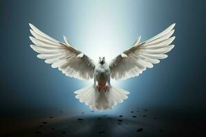 ai gegenereerd vlucht van vrede religieus Vleugels symbool tegen een blauw achtergrond foto