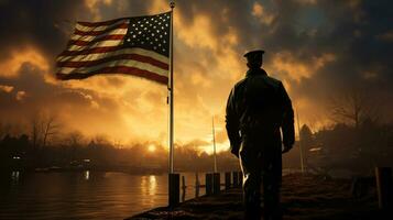 ai gegenereerd ons leger respect in voorkant van een schip met de Amerikaans vlag in silhouet landschap foto