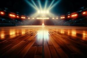 ai gegenereerd artistiek arena basketbal stadion rechtbank met spotlight en bal grafisch foto