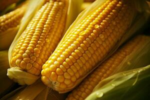 ai gegenereerd geel genot detailopname van rijp maïs fabriek in biologisch landbouw foto