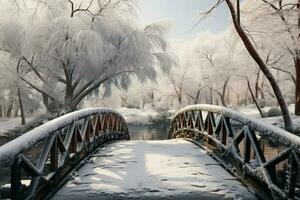 ai gegenereerd botanisch kalmte winter tafereel met brug, bevroren water, en sneeuw gedrapeerd bomen foto