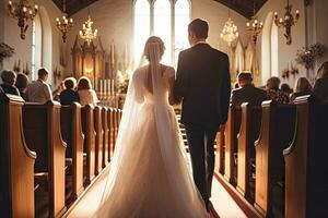 ai gegenereerd mooi Kaukasisch wit bruid en bruidegom samen in de kerk foto