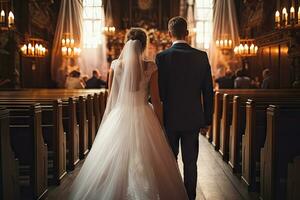 ai gegenereerd mooi Kaukasisch wit bruid en bruidegom samen in de kerk foto