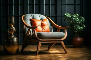 ai gegenereerd knus ontwerp zacht kussen, houten fauteuil, architextuur voor huis comfort foto