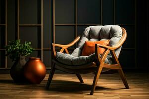 ai gegenereerd knus terugtrekken fauteuil, zacht kussen, houten ontwerp voor comfortabel leven foto