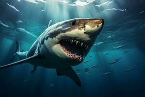 ai gegenereerd oceaan roofdier haai zwemmen met gevaarlijk kaken in diep water foto
