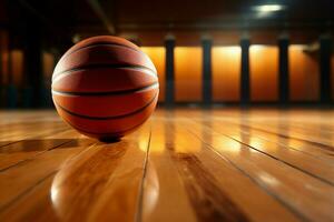 ai gegenereerd hardhout showdown competitief basketbal spel Aan een hout getextureerde rechtbank verdieping foto