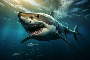 ai gegenereerd oceaan roofdier haai zwemmen met gevaarlijk kaken in diep water foto