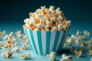 ai gegenereerd popcorn genoegen blauw bioscoop doos Aan een knapperig wit achtergrond foto