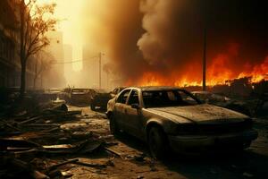 ai gegenereerd ramp tafereel stad straat wrak, auto vuur, verwoesting, noodgeval reactie foto