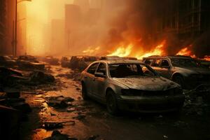 ai gegenereerd stedelijk chaos stad straat ongeluk, auto vuur, verwoesting, noodgeval reactie foto