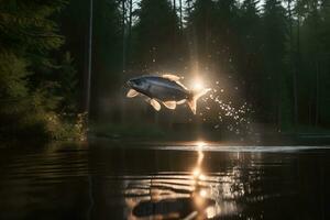 ai gegenereerd vis jumping uit van de water. neurale netwerk ai gegenereerd foto