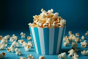 ai gegenereerd filmische genot blauw popcorn doos Aan een wit achtergrond tussendoortje foto