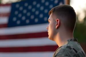 ai gegenereerd Amerikaans patriot soldaat concept over- Amerikaans vlag achtergrond. neurale netwerk ai gegenereerd foto