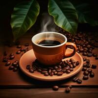 ai gegenereerd verzameling van visueel aantrekkelijk ochtend- arabica zwart koffie cups en bonen foto