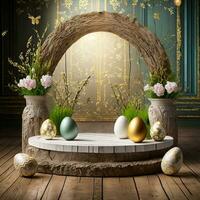 ai gegenereerd Pasen achtergrond met ronde podium en Pasen ornamenten, donker achtergrond thema foto