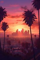 ai gegenereerd stadsgezicht van los angeles Bij zonsondergang met palm bomen, Californië, Verenigde Staten van Amerika foto