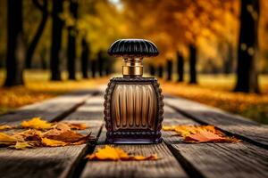 ai gegenereerd glas parfum fles tegen de backdrop van een herfst landschap. neurale netwerk gegenereerd kunst foto